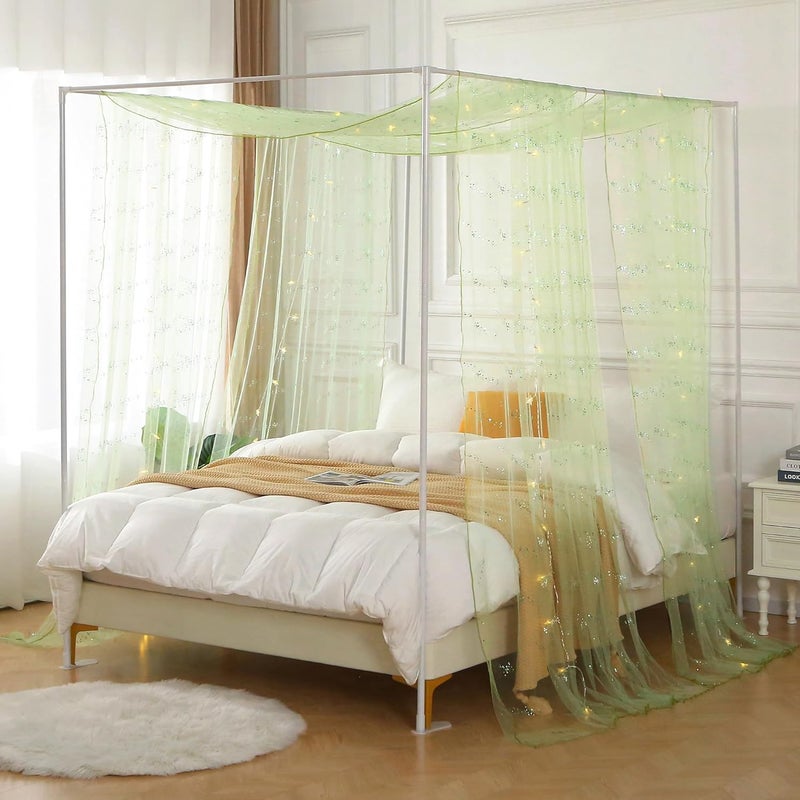 WANFASO Sage Sequins Queen Canopy Bed Curtains, Sheer Bed Canopy for Girls Adult Room Decor, Bed Canopy Scarf with Lights (2 Panel) - Image 1